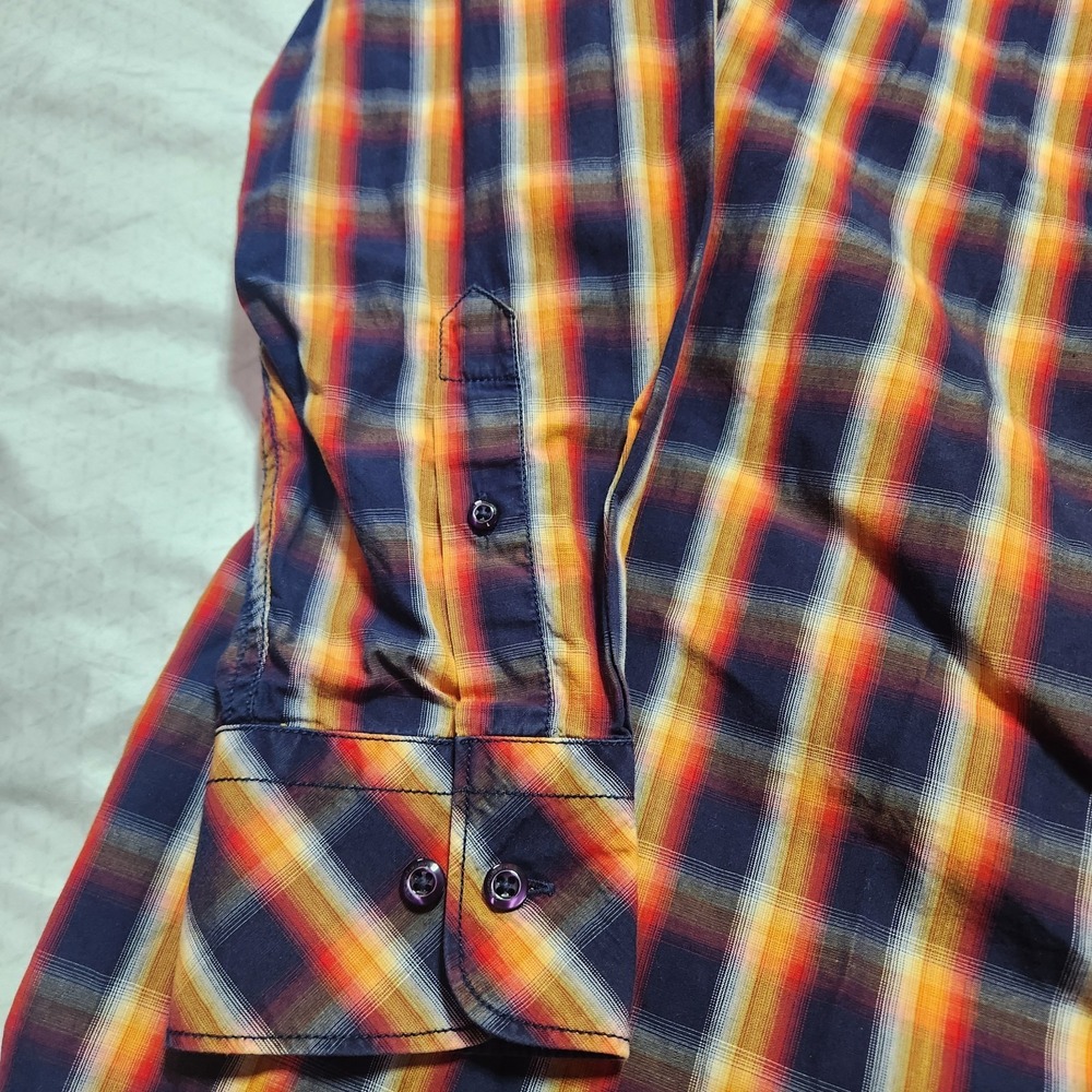 Rocawear Mens 2XL Plaid Button Up Shirt Blue Orange Yellow Long Sleeve Cotton - Picture 4 of 12